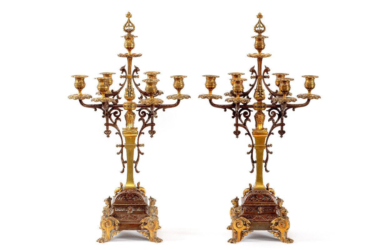 Pair Of Candlesticks In Gilt And Patinated Bronze For 7 Candles-photo-2