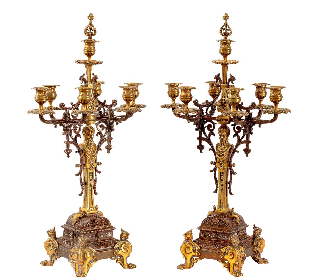 Pair Of Candlesticks In Gilt And Patinated Bronze For 7 Candles