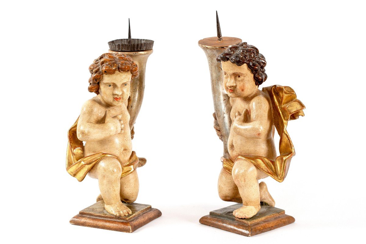 Pair Of Carved And Painted Wooden Candlesticks, 19th Century-photo-1