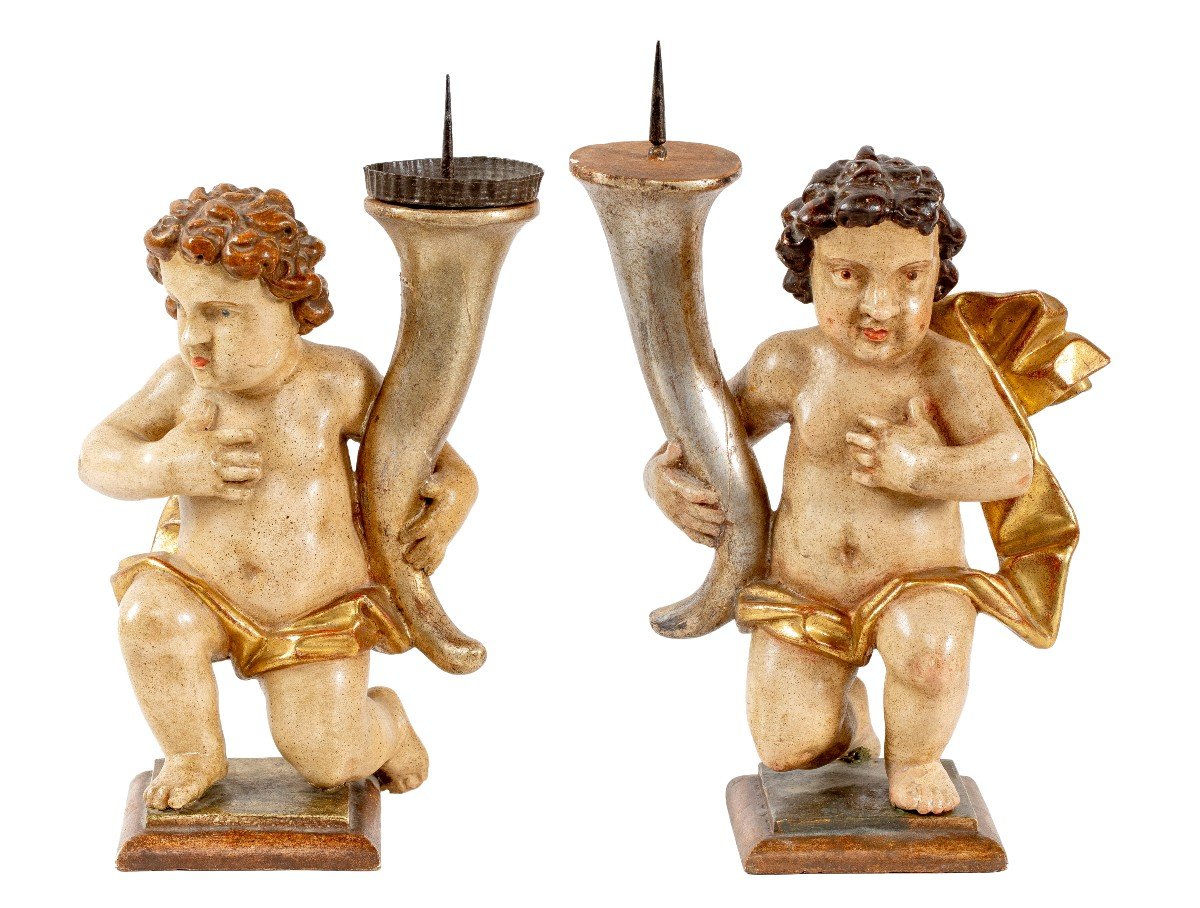 Pair Of Carved And Painted Wooden Candlesticks, 19th Century