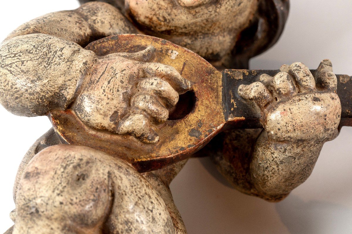 Paire Des Enfants Musiciens En Bois Sculpte Vers 1900-photo-2