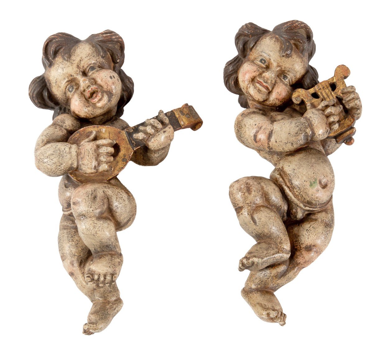 Paire Des Enfants Musiciens En Bois Sculpte Vers 1900