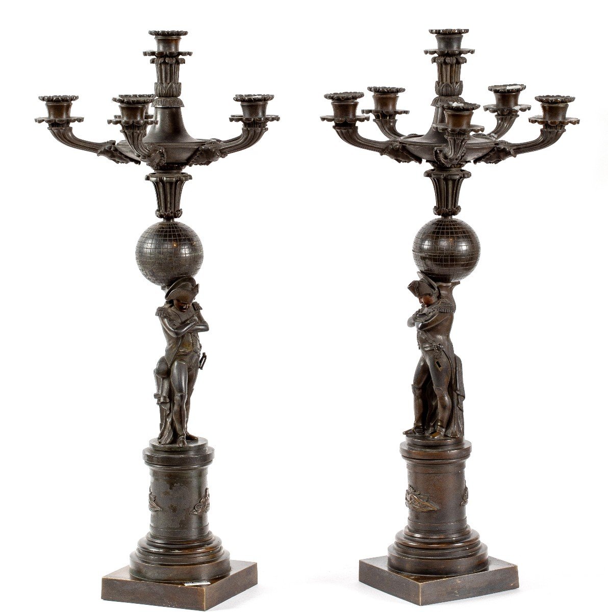 Large Pair Of 19th Century Bronze Candlesticks With Napoleon Bonaparte-photo-4