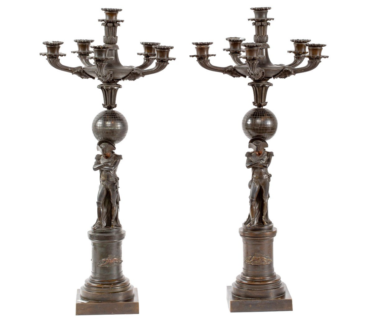 Large Pair Of 19th Century Bronze Candlesticks With Napoleon Bonaparte