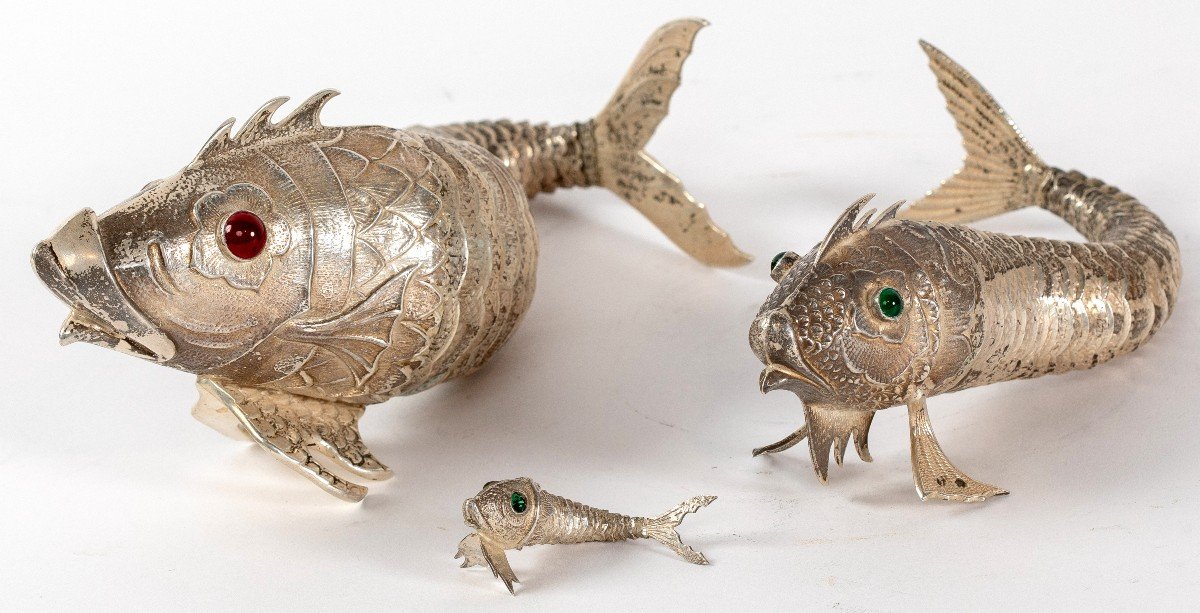 Three Fish In Solid Silver, 20th Century-photo-2