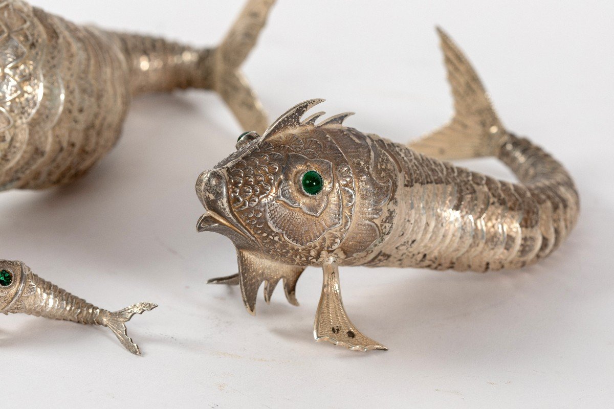 Three Fish In Solid Silver, 20th Century-photo-4