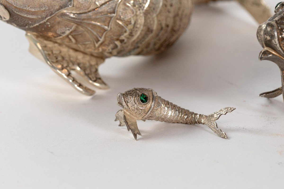 Three Fish In Solid Silver, 20th Century-photo-1