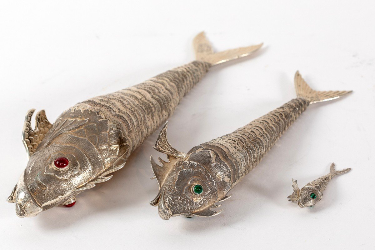 Three Fish In Solid Silver, 20th Century-photo-3