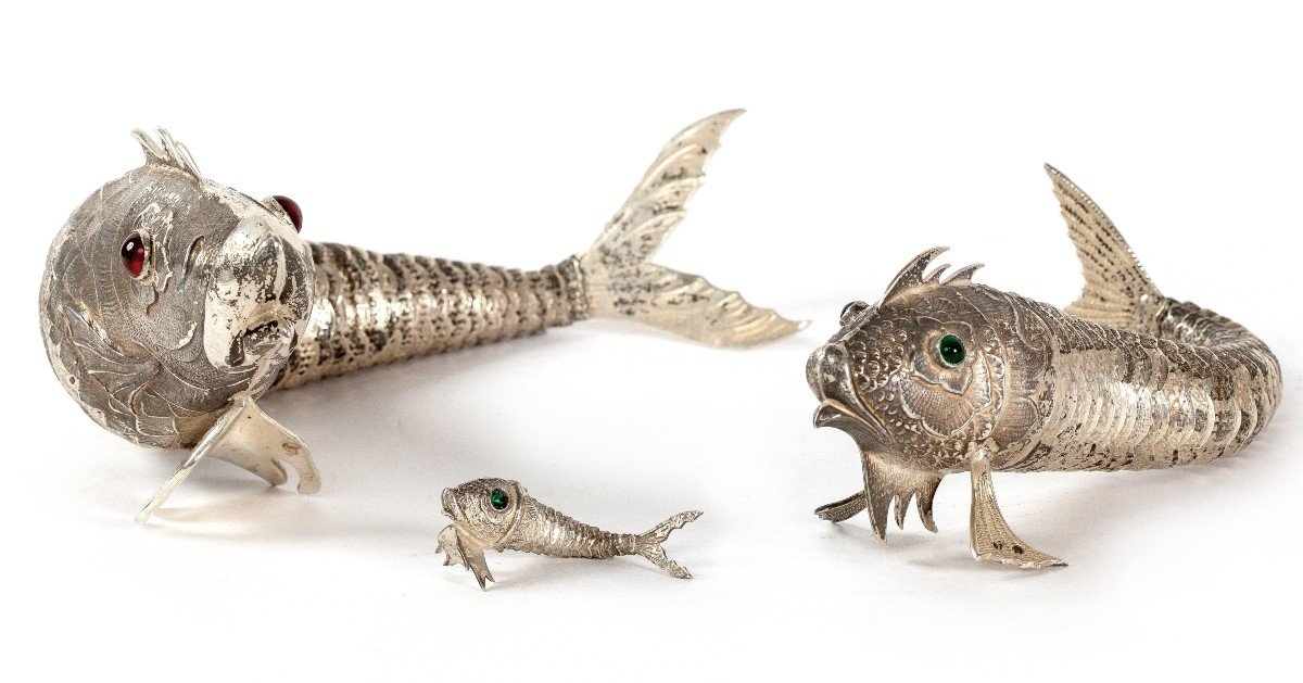 Three Fish In Solid Silver, 20th Century