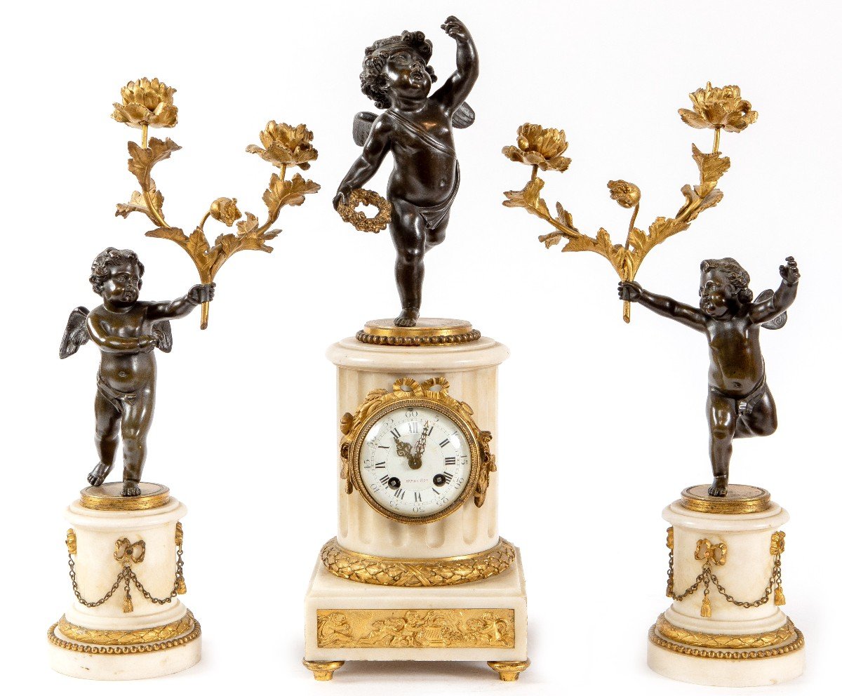 Marble And Gilt Bronze Fireplace Clock Set 19th C.