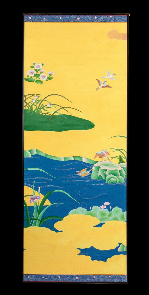 Series Of 6 Large Silk Painting Panels Chinese Work 20th Century-photo-4