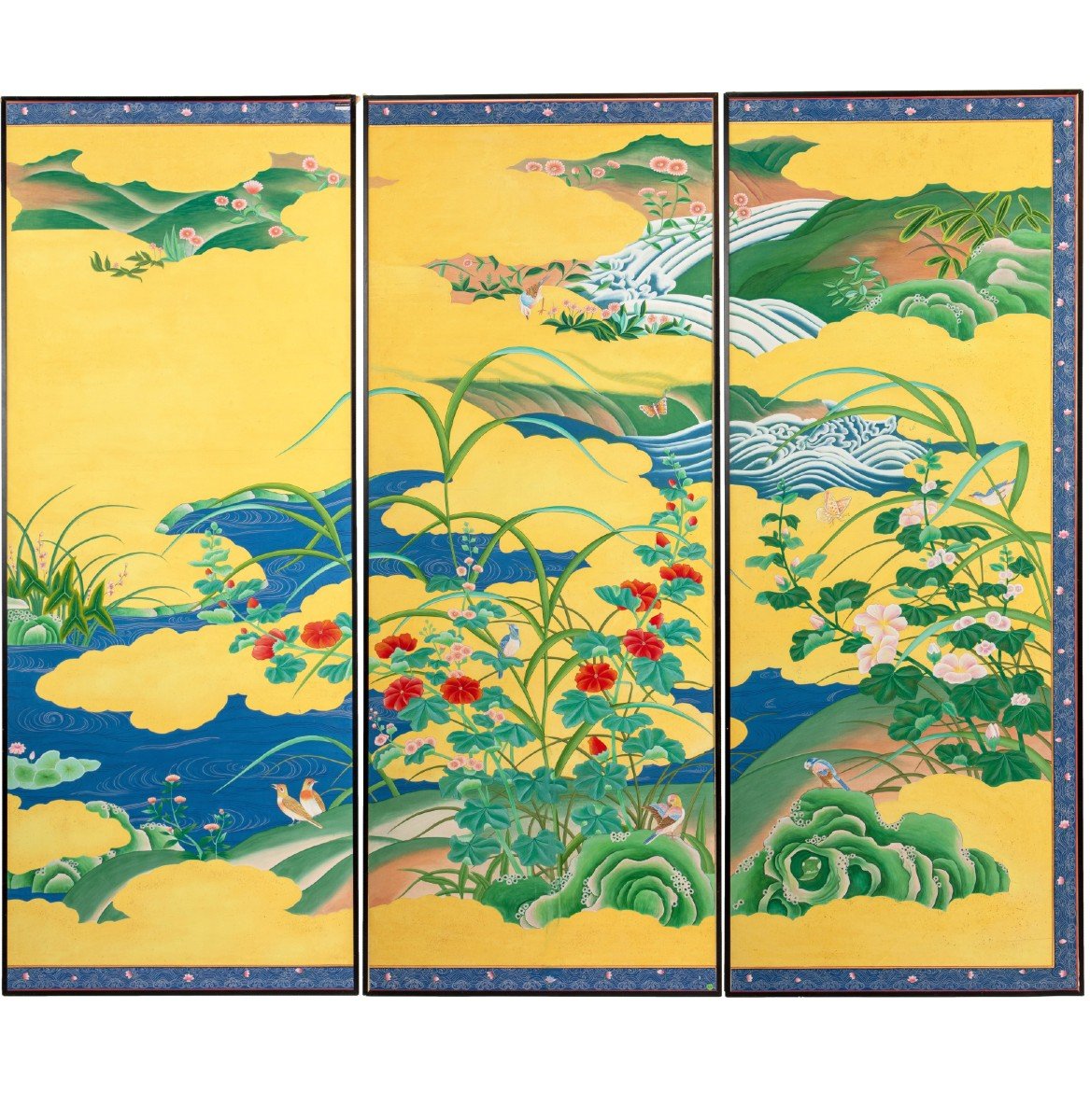 Series Of 6 Large Silk Painting Panels Chinese Work 20th Century