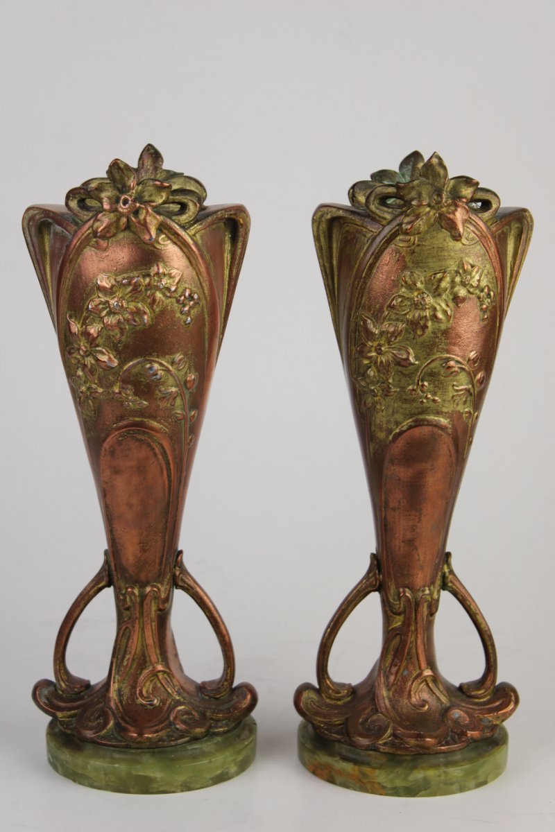 Pair Of Vases In Pewter Patinated And Gilded Art Nouveau Period Signed-photo-4