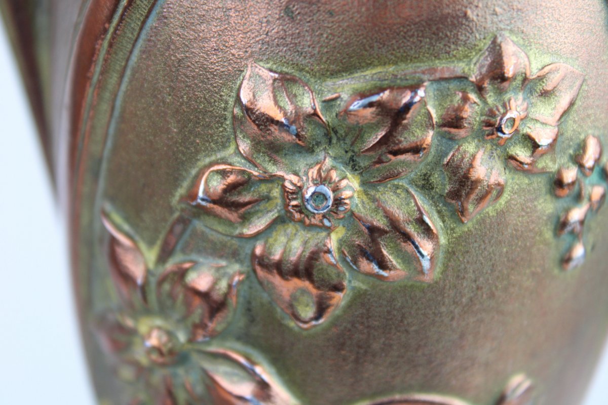 Pair Of Vases In Pewter Patinated And Gilded Art Nouveau Period Signed-photo-1