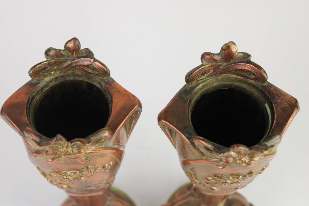 Pair Of Vases In Pewter Patinated And Gilded Art Nouveau Period Signed-photo-5