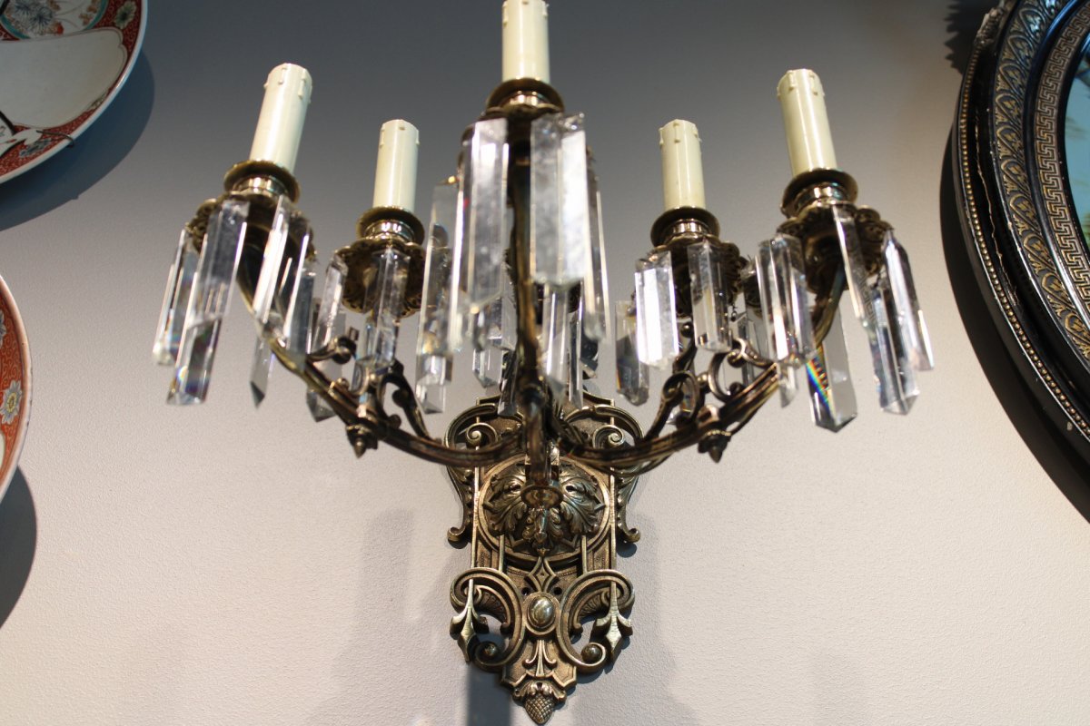 Pair Of XIXth Century Bronze Walllights With Cut Crystals -photo-5