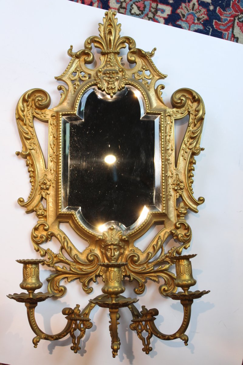 Paire De Mirroirs En Bronze Dore Avec De Bougeoirs à 3 Lumières d'Epoque Napoleon III-photo-4