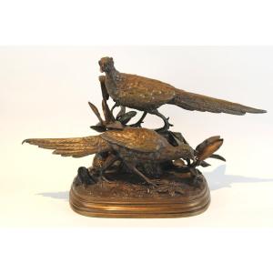 19th C. Bronze Sculpture Of Pheasants Signed Parmentier