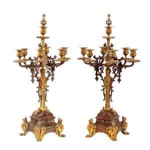 Pair Of Candlesticks In Gilt And Patinated Bronze For 7 Candles