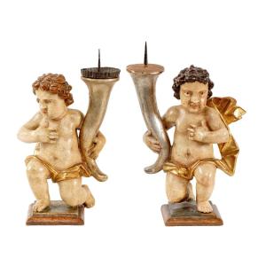 Pair Of Carved And Painted Wooden Candlesticks, 19th Century