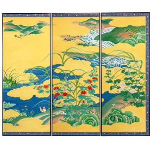 Series Of 6 Large Silk Painting Panels Chinese Work 20th Century