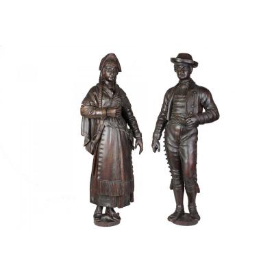 Pair Of Wooden Sculptures  Of 19th Century