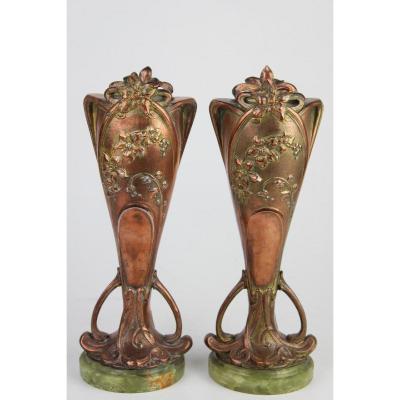 Pair Of Vases In Pewter Patinated And Gilded Art Nouveau Period Signed