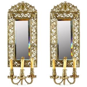 Pair Of Bronze Walllights With 3 Lamps  And Mirror Late 19th