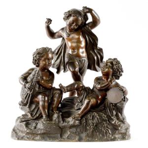 Sculpture En Bronze  19eme Trois Enfants Musiciens