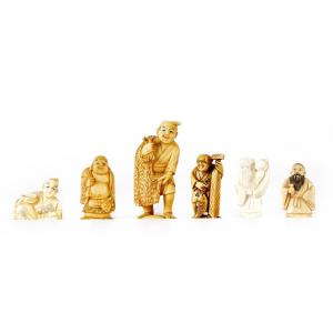 Set Of Six Japanese Ivory Netsuke Sculptures 