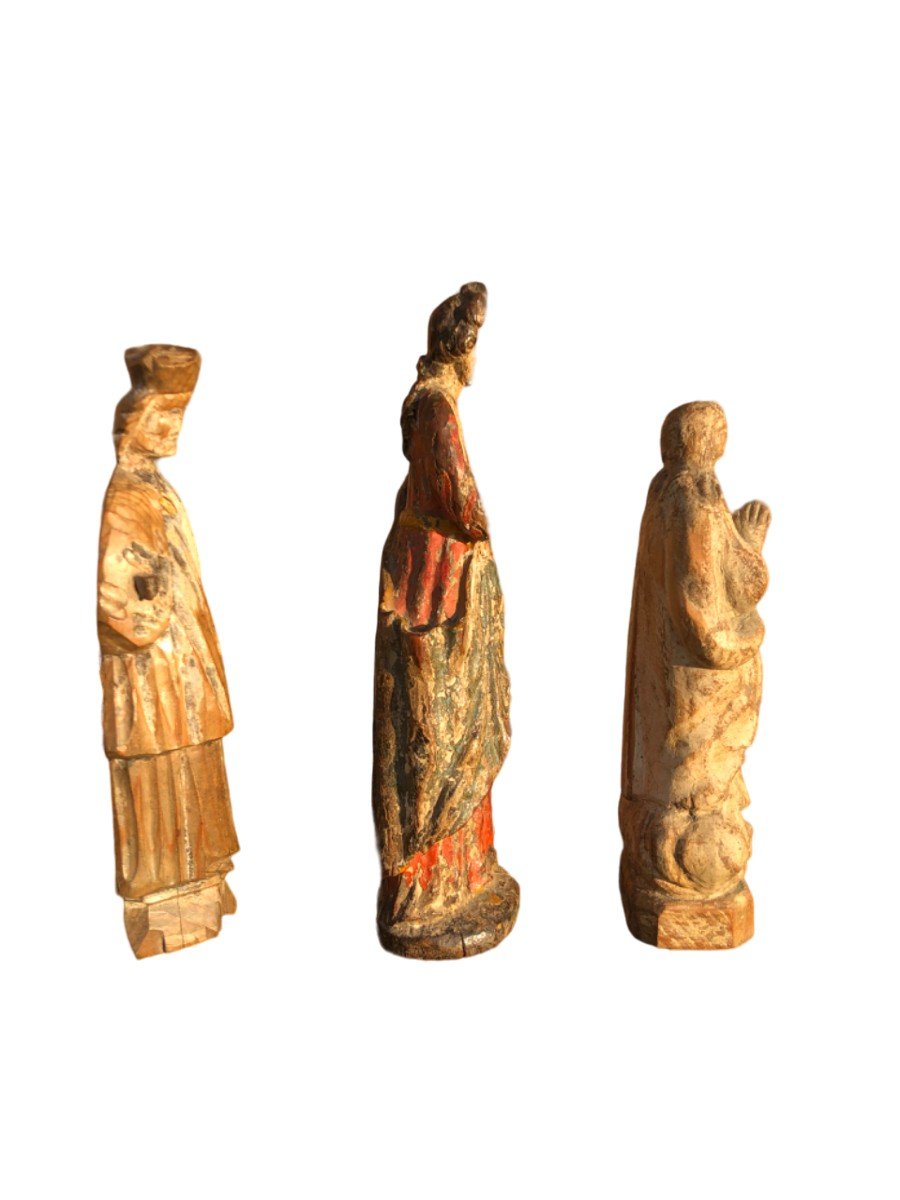 Trois Petites Statues Bois Sculpté-photo-1