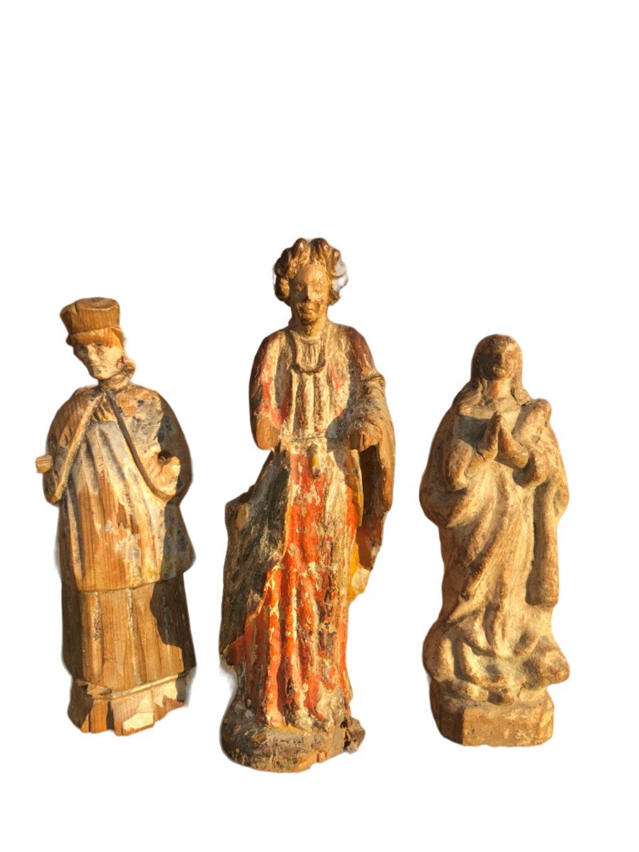 Trois Petites Statues Bois Sculpté