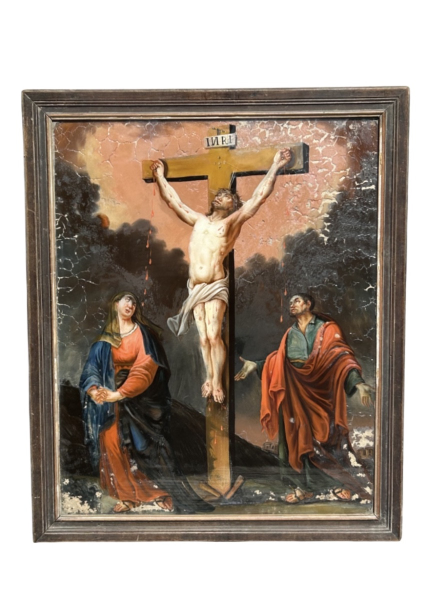 18th Century Crucifix Painting Under Glass 