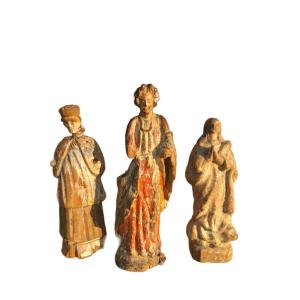 Trois Petites Statues Bois Sculpté