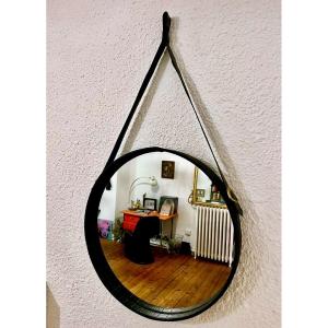 Ancien Miroir En Cuir Jacques Adnet