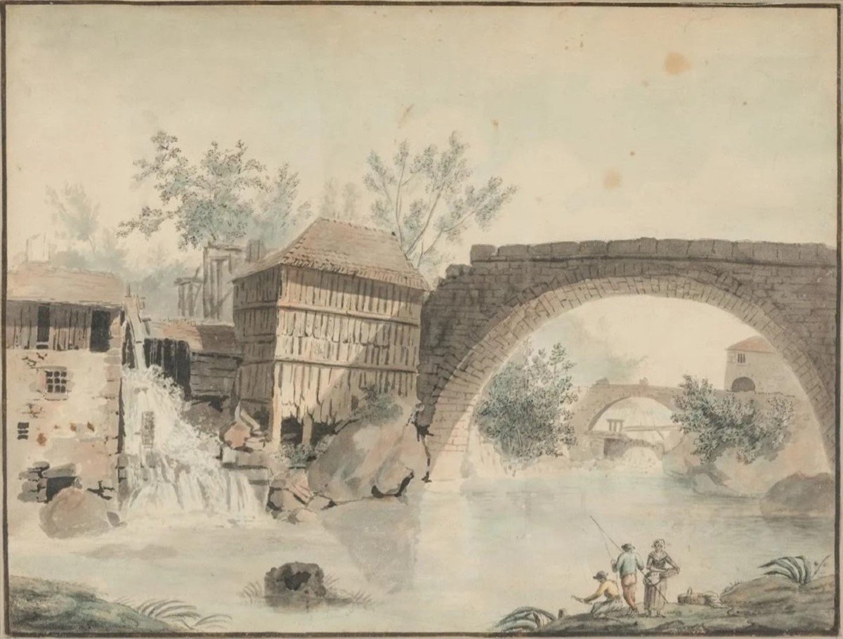 Attributed To Claude-louis Chatelet (1753 - 1795) Fishermen Under A Bridge, Around 1780-photo-2