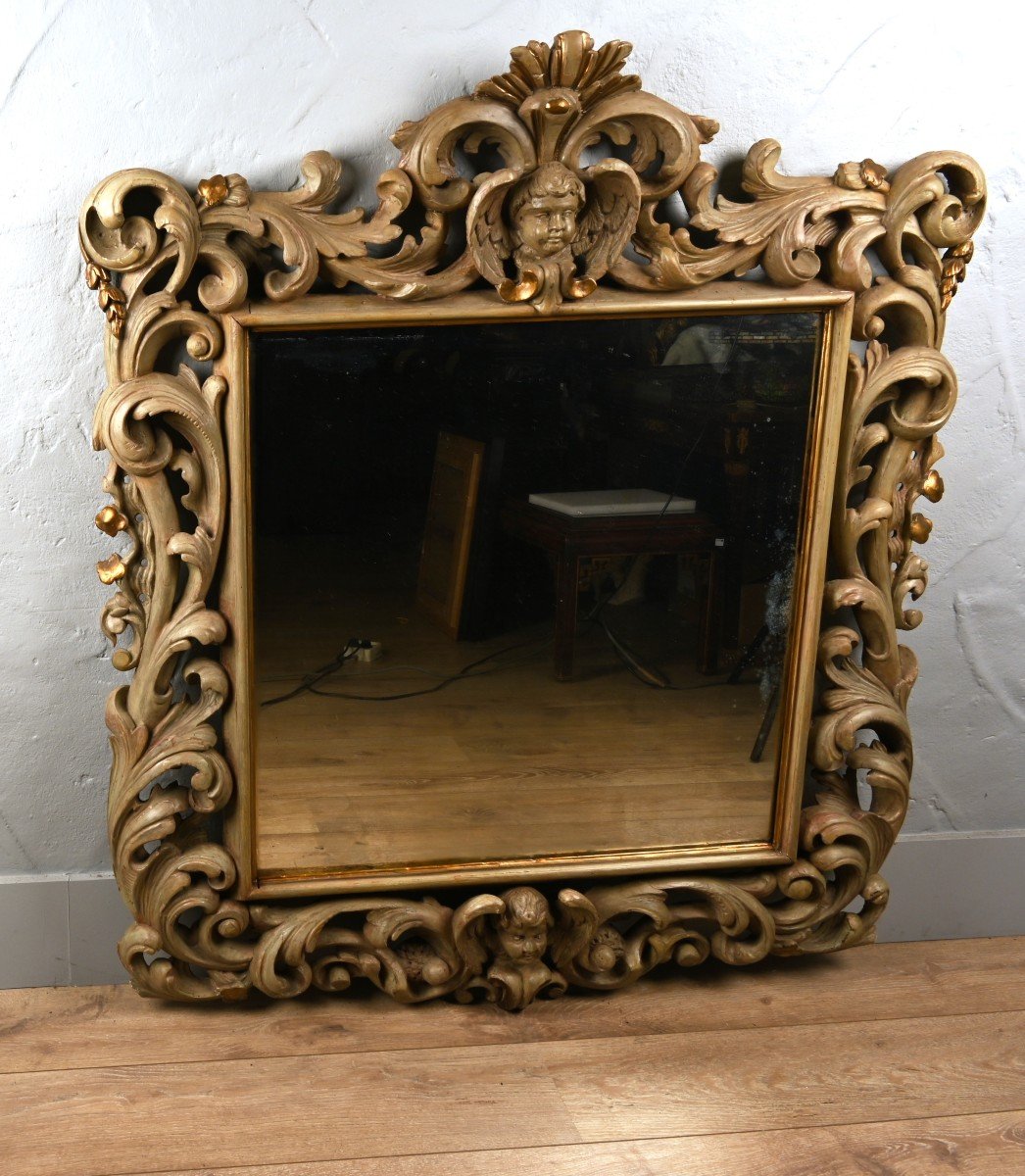 -large Italian Louis XV Mirror In Carved Gilded And Painted Wood. 