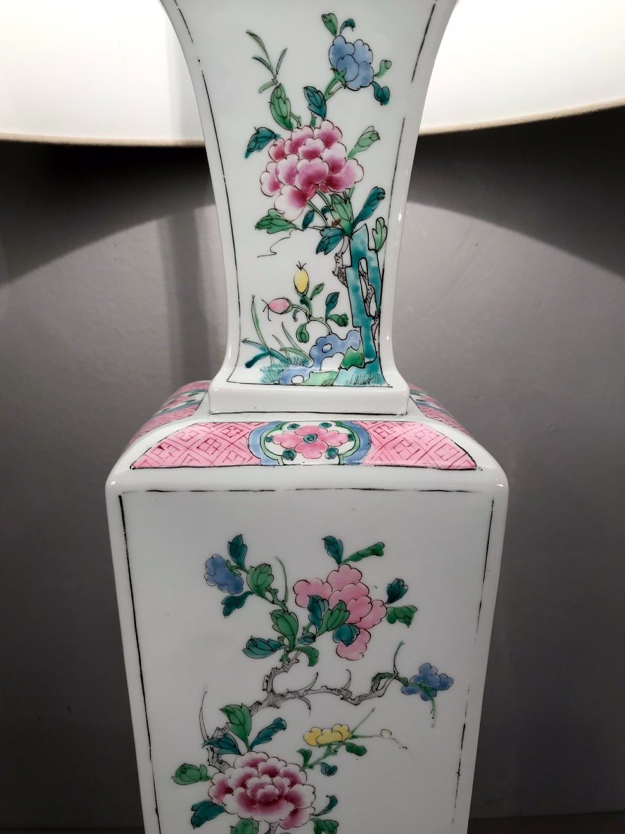 Art d’Asie Fin XIXème Grande Lampe En Porcelaine émaillée Décor Floral Chinoisant Signée 1900-photo-8