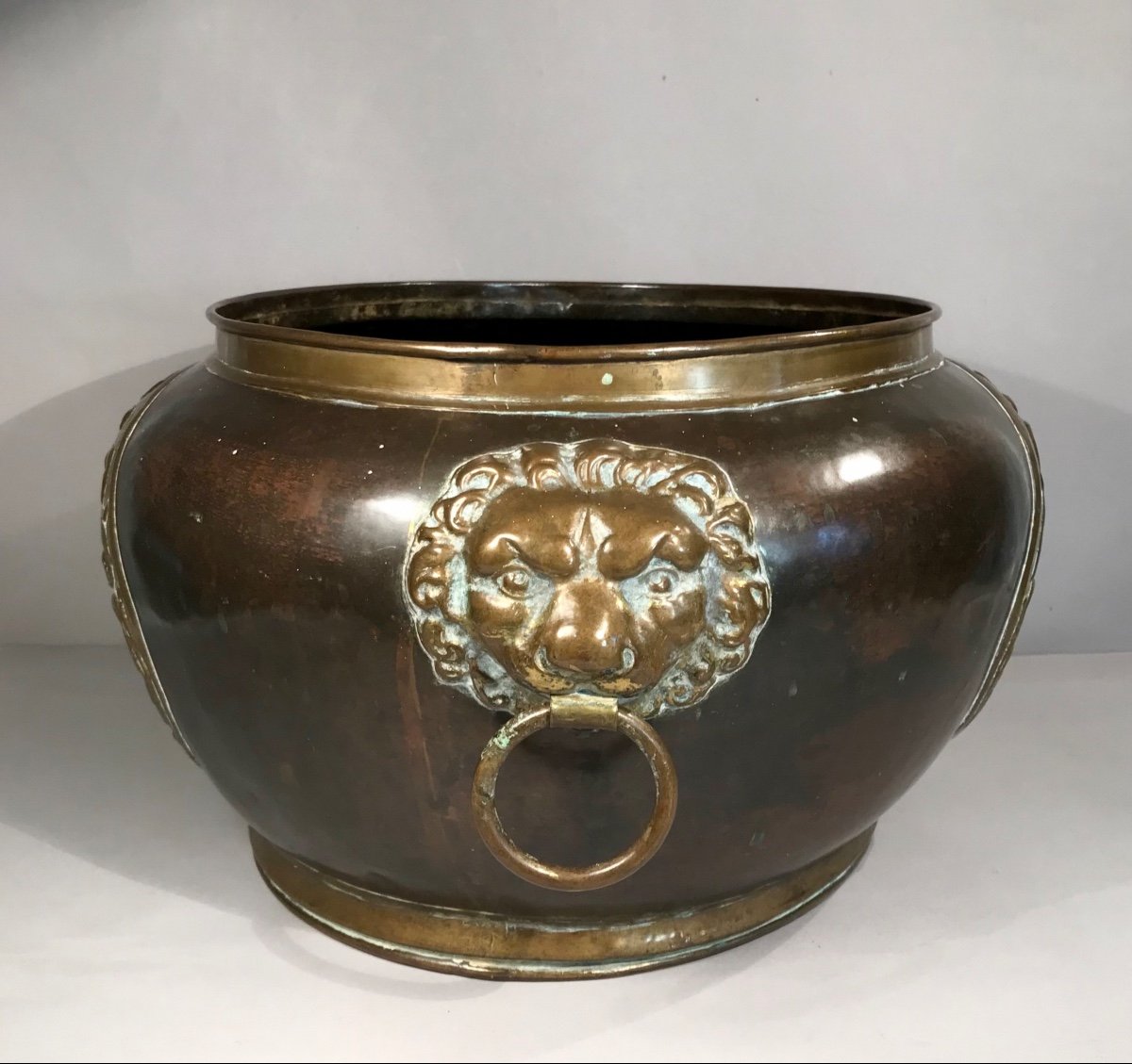 Dinanderie Planter Pot Copper And Brass With Coat Of Arms And Lions France XIXth Deco-photo-2