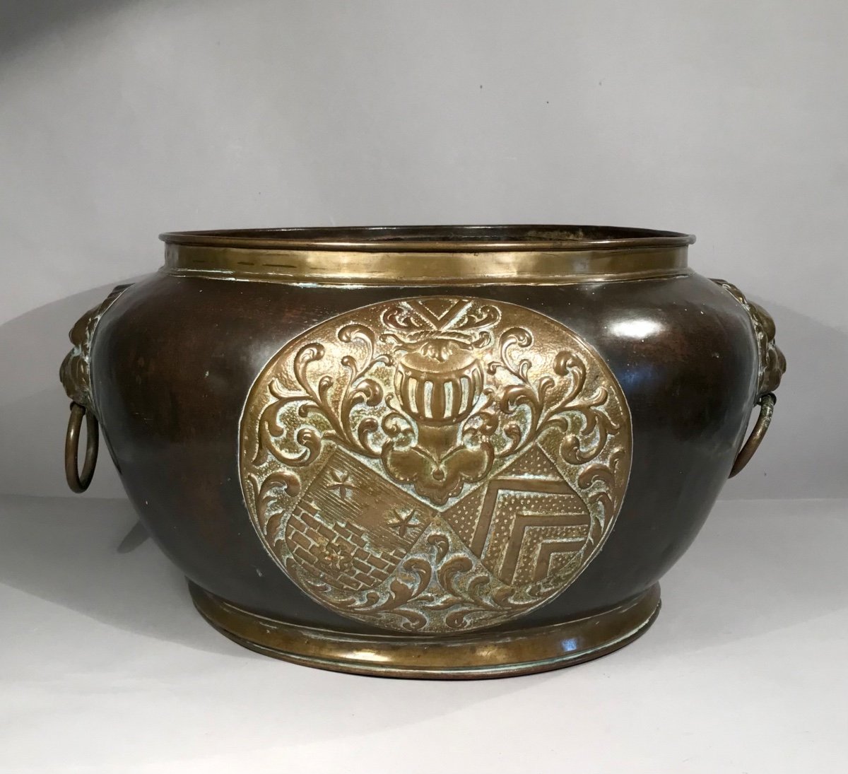 Dinanderie Planter Pot Copper And Brass With Coat Of Arms And Lions France XIXth Deco