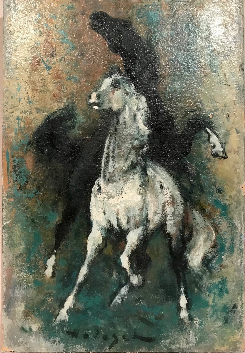 Modern Art Denes De Holesch Equestrian Badinages Oil On Cardboard 20th Century