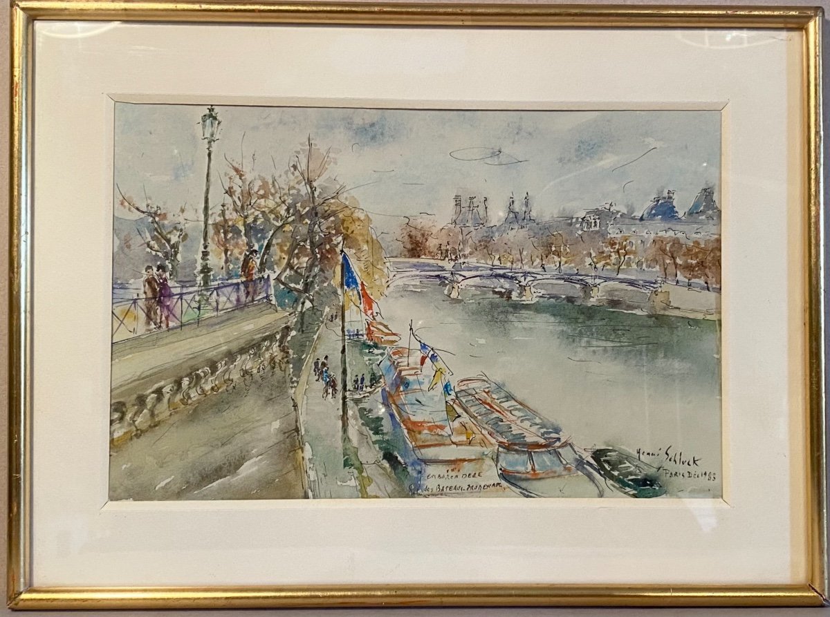 Modern Art Watercolor Henri Schluck “paris, The Seine, The Pont Des Arts” 1983 20th Century Arts -photo-2