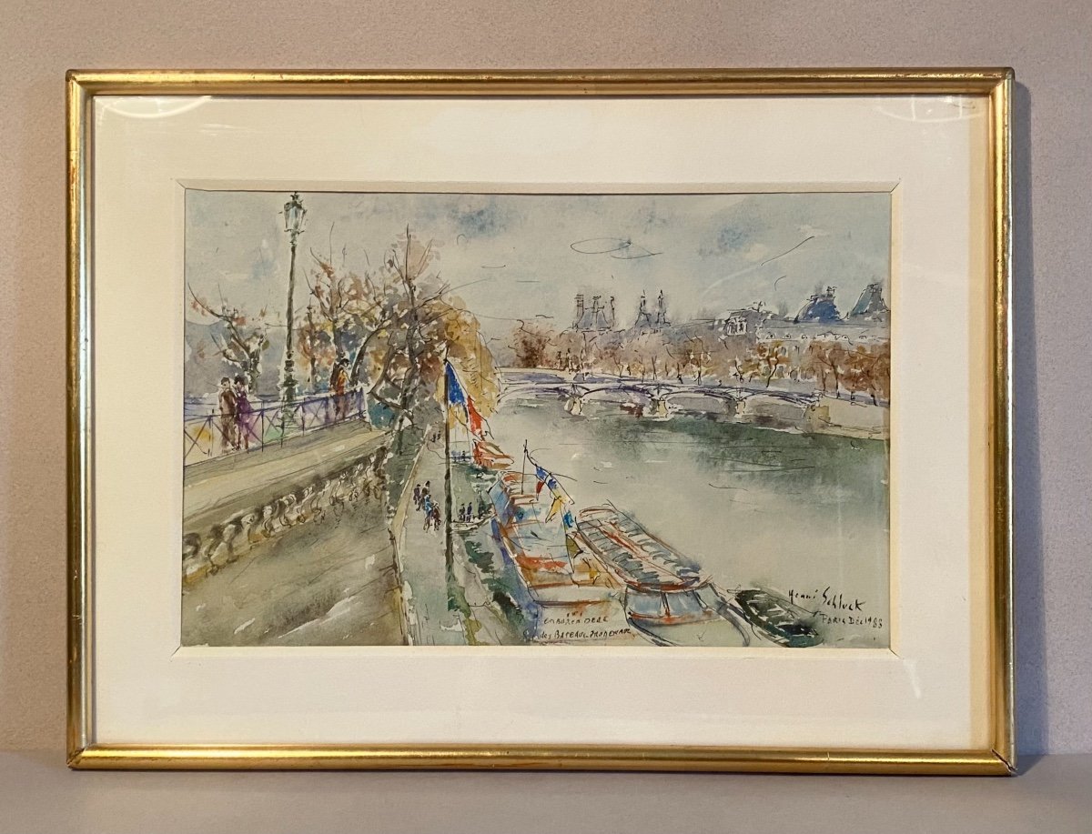 Modern Art Watercolor Henri Schluck “paris, The Seine, The Pont Des Arts” 1983 20th Century Arts -photo-3