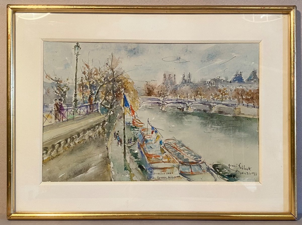 Modern Art Watercolor Henri Schluck “paris, The Seine, The Pont Des Arts” 1983 20th Century Arts -photo-4