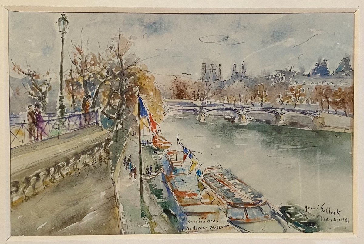 Modern Art Watercolor Henri Schluck “paris, The Seine, The Pont Des Arts” 1983 20th Century Arts -photo-1