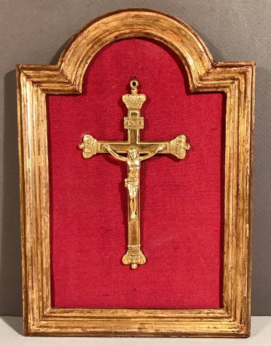 Second Restoration Louis XVIII Mission Souvenir Cross 1821 Gold Plated Golden Wood Frame-photo-2