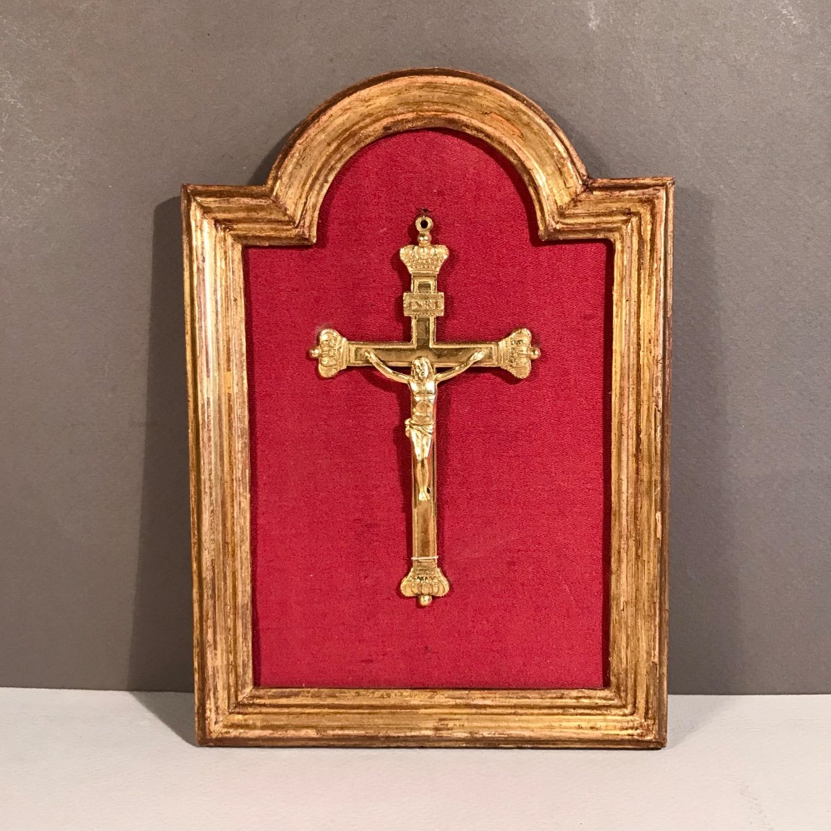 Second Restoration Louis XVIII Mission Souvenir Cross 1821 Gold Plated Golden Wood Frame-photo-3