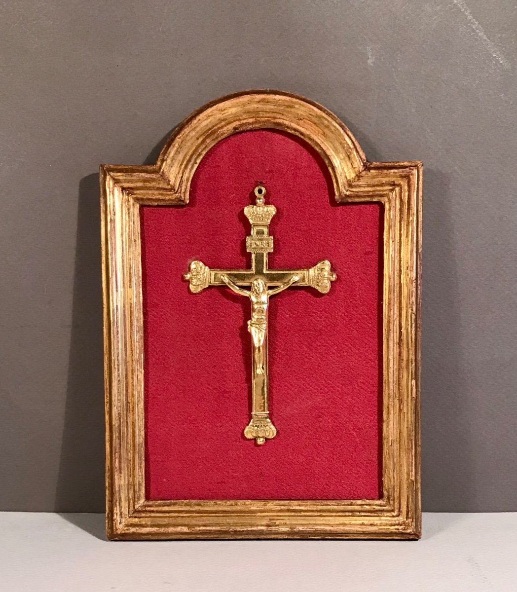 Second Restoration Louis XVIII Mission Souvenir Cross 1821 Gold Plated Golden Wood Frame-photo-4