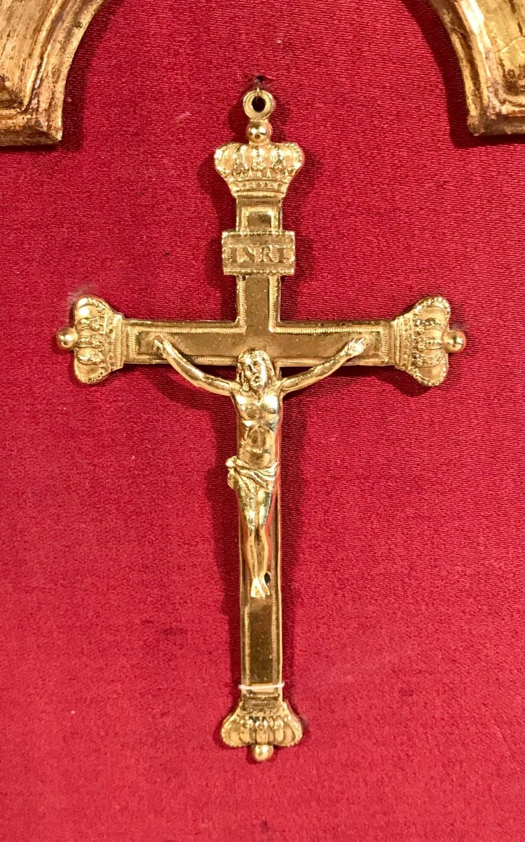 Second Restoration Louis XVIII Mission Souvenir Cross 1821 Gold Plated Golden Wood Frame-photo-2