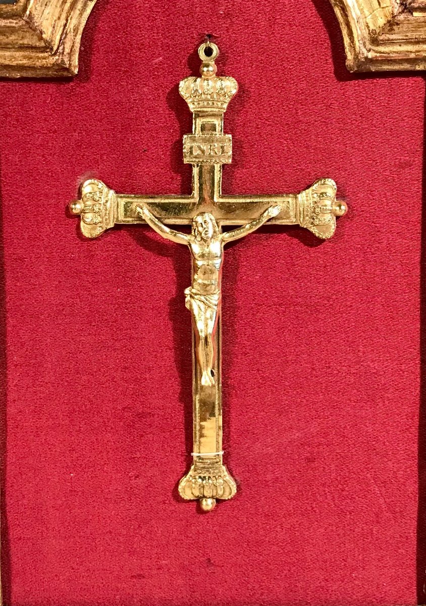 Second Restoration Louis XVIII Mission Souvenir Cross 1821 Gold Plated Golden Wood Frame-photo-3